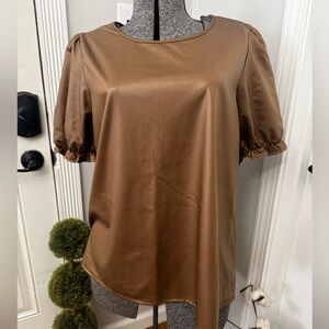 Women’s Cotton Bleu Brown Faux Leather Tunic Top with Puff Short Sleeve Large